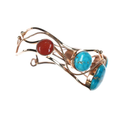 6 3/8" Veronica Poblano Zuni 14k gold Turquoise and Coral modernist cuff bracelet