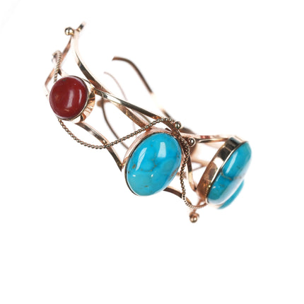 6 3/8" Veronica Poblano Zuni 14k gold Turquoise and Coral modernist cuff bracelet