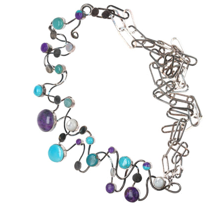 Veronica Poblano Zuni Sterling Sugilite, Turquoise, opal, and shell Modernist necklace