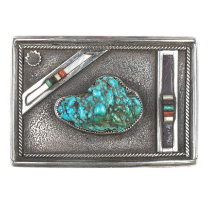 Vintage Native American Sterling botryoidal turquoise channel inlay belt buckle