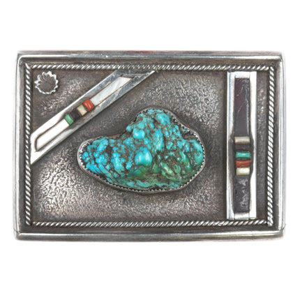 Vintage Native American Sterling botryoidal turquoise channel inlay belt buckle