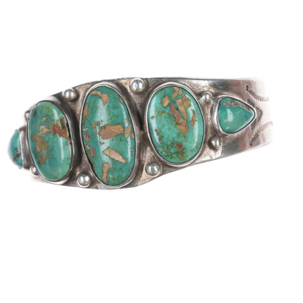 6 3/8" Vintage Navajo stamped silver green turquoise row cuff bracelet