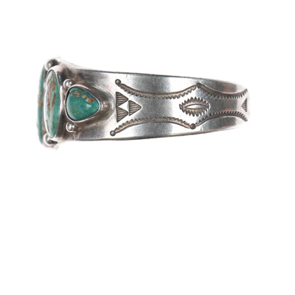 6 3/8" Vintage Navajo stamped silver green turquoise row cuff bracelet