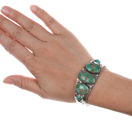 6 3/8" Vintage Navajo stamped silver green turquoise row cuff bracelet