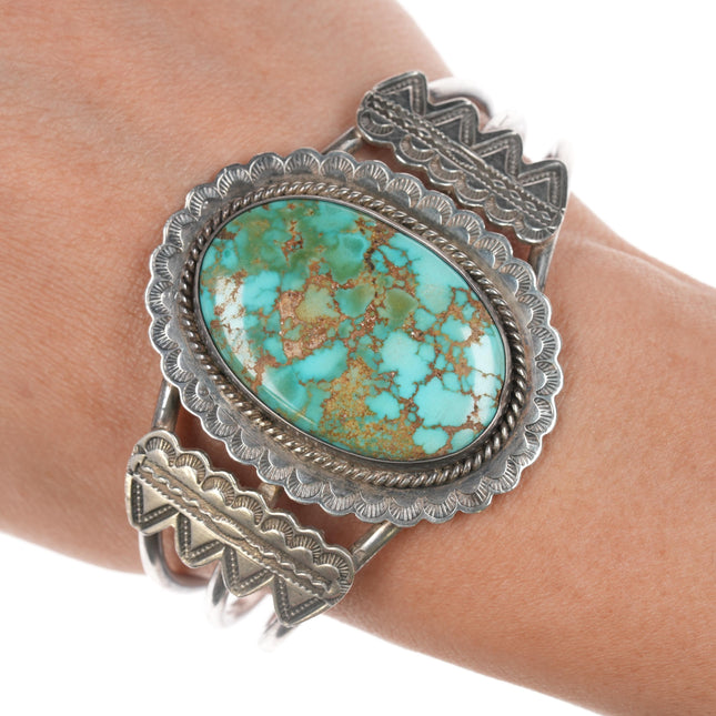 6.5" c 1930's Ingot silver high grade turquoise cuff bracelet