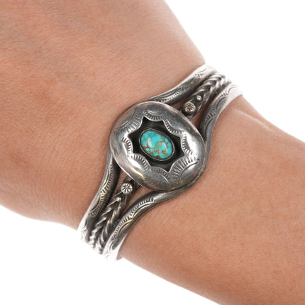 6" 40's-50's Navajo high grade turquoise sterling shadowbox stamed/twisted wire cuff bracelet