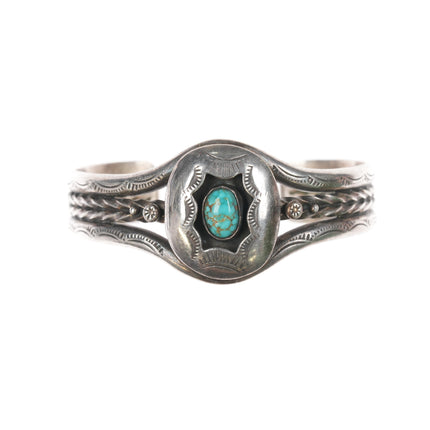 6" 40's-50's Navajo high grade turquoise sterling shadowbox stamed/twisted wire cuff bracelet