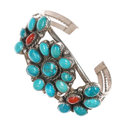 6 5/8" c1970's JB Native American sterling turquoise and coral cluster cuff bracelet