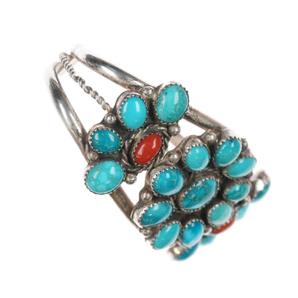 6 5/8" c1970's JB Native American sterling turquoise and coral cluster cuff bracelet