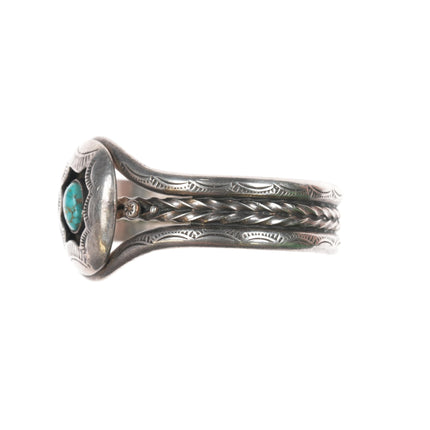 6" 40's-50's Navajo high grade turquoise sterling shadowbox stamed/twisted wire cuff bracelet