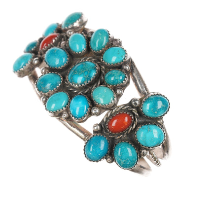 6 5/8" c1970's JB Native American sterling turquoise and coral cluster cuff bracelet