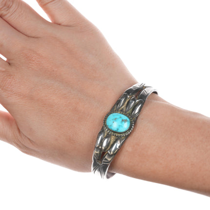 6 3/8" 30's-40's Navajo turquoise hand stamped silver cuff bracelet