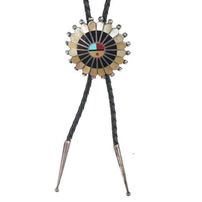 70's-80's Zuni Sunface sterling channel inlay bolo tie