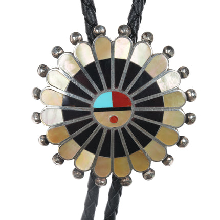 70's-80's Zuni Sunface sterling channel inlay bolo tie