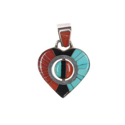 Don Dewa Zuni Spinner Heart pendant Sterling coral/turquoise channel inlay