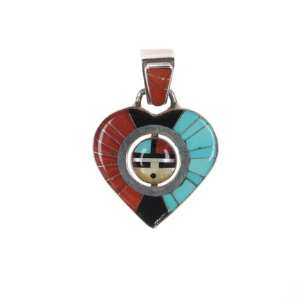 Don Dewa Zuni Spinner Heart pendant Sterling coral/turquoise channel inlay