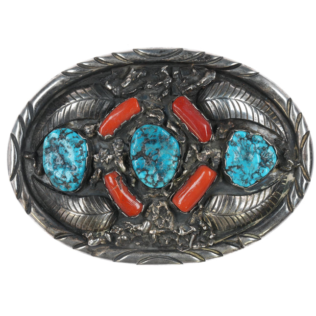 Large S John 1970's Native American sterling, turquoise, and coral belt buckle