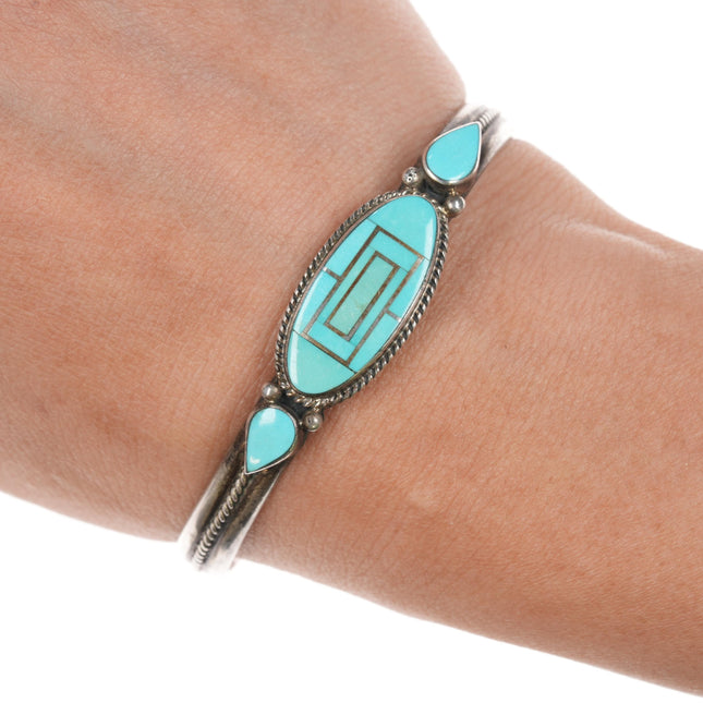 6 3/8" YD Native American sterling turquoise channel inlay cuff bracelet