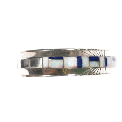 6.5" JB Native American sterling channel inlay Opal and Lapis cuff bracelet