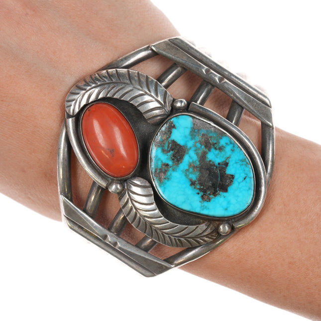 6.75" Large 60's-70's Navajo Silver, turquoise, and coral cuff bracelet