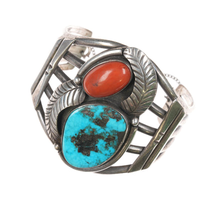 6.75" Large 60's-70's Navajo Silver, turquoise, and coral cuff bracelet