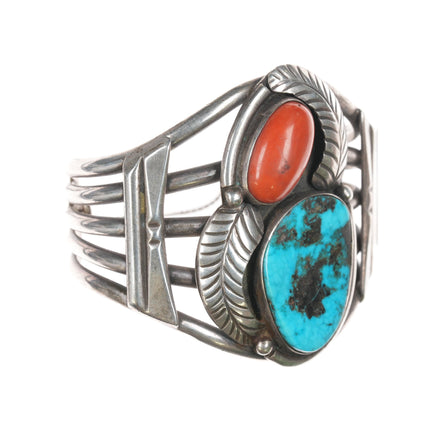 6.75" Large 60's-70's Navajo Silver, turquoise, and coral cuff bracelet