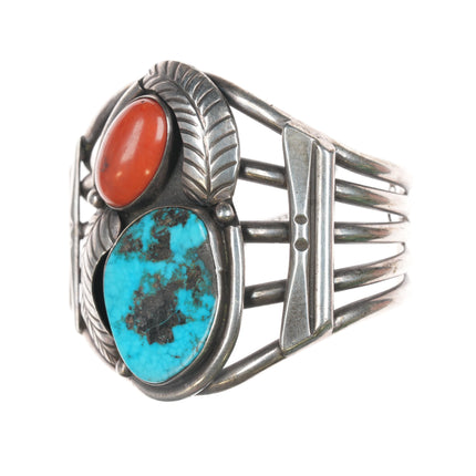 6.75" Large 60's-70's Navajo Silver, turquoise, and coral cuff bracelet