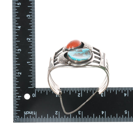 6.75" Large 60's-70's Navajo Silver, turquoise, and coral cuff bracelet