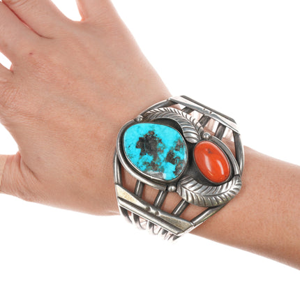 6.75" Large 60's-70's Navajo Silver, turquoise, and coral cuff bracelet