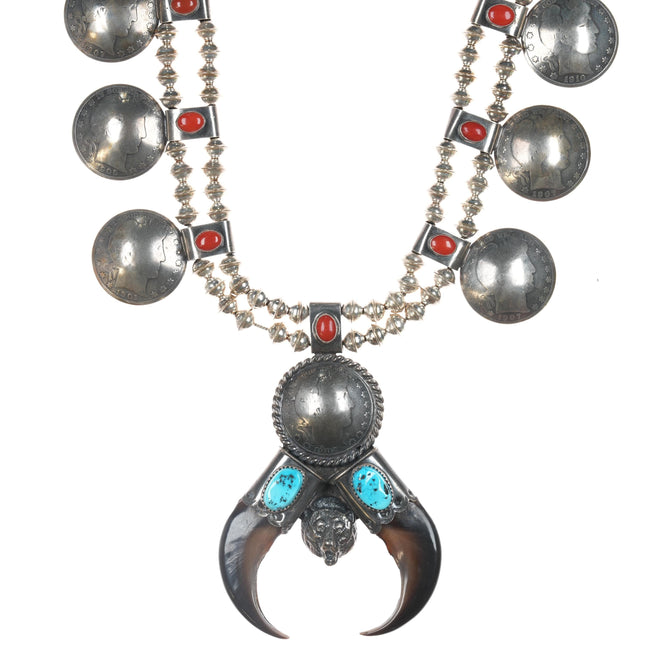 Kenny Ray Mcneilley(1929-1999) Sterling, coral, silver half dollar US currency necklace