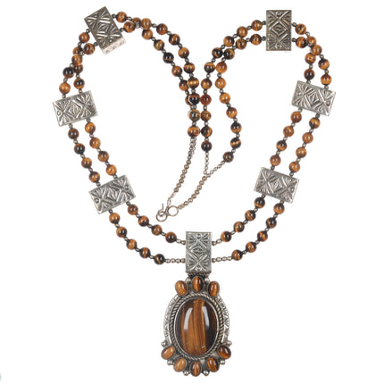 James Martin Navajo Sterling cat's eye pendant on beaded necklace