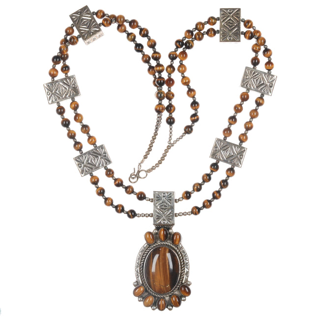 James Martin Navajo Sterling cat's eye pendant on beaded necklace