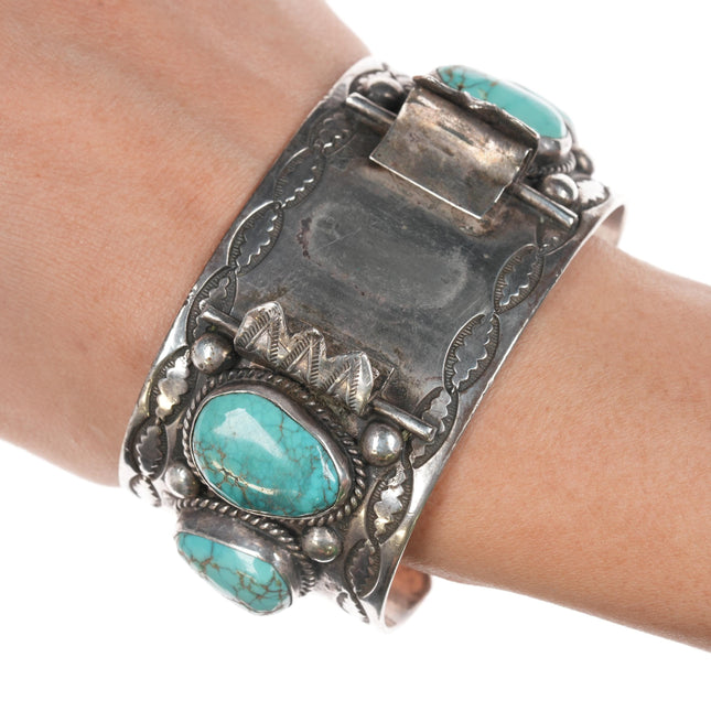 7" 40's-50's Intricately Stamped High Grade turquoise Navajo silver cuff bracelet