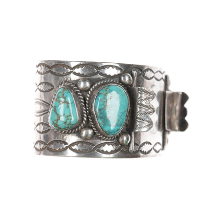 7" 40's-50's Intricately Stamped High Grade turquoise Navajo silver cuff bracelet