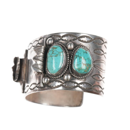 7" 40's-50's Intricately Stamped High Grade turquoise Navajo silver cuff bracelet