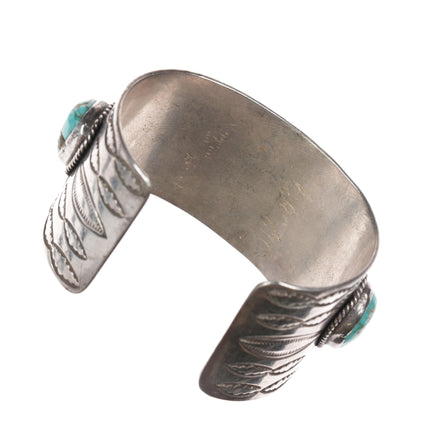 7" 40's-50's Intricately Stamped High Grade turquoise Navajo silver cuff bracelet