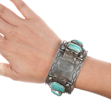 7" 40's-50's Intricately Stamped High Grade turquoise Navajo silver cuff bracelet