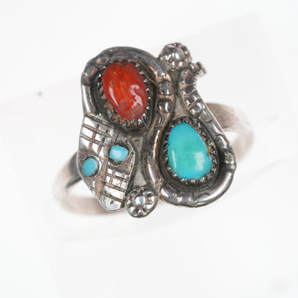 sz6.25 Nieto Zuni silver, turquoise, and coral ring