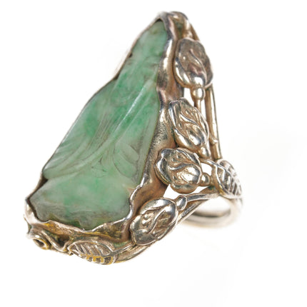 sz4.25 Antique Chinese carved Jade ring mounted in silver