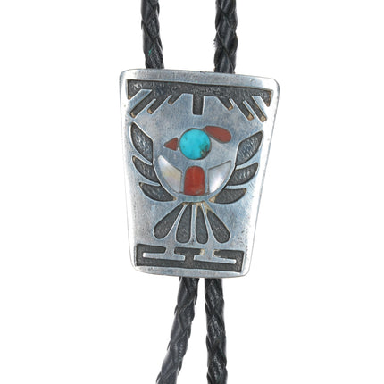 c1960 c-31 Native American turquoise, coral, and shell inlaid sterling bolo tie