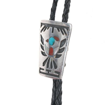 c1960 c-31 Native American turquoise, coral, and shell inlaid sterling bolo tie