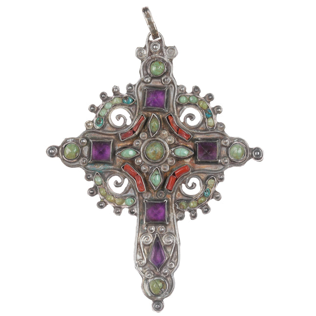 c1950's  Matl Cross pendant Sterling Turquoise Amethyst and coral