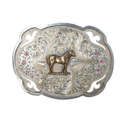 Vintage Diablo Hand Engraved Sterling silver overlay belt buckle with rubies and