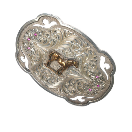 Vintage Diablo Hand Engraved Sterling silver overlay belt buckle with rubies and