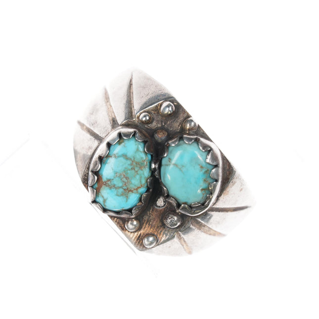 sz14 Vintage Native American Sterling double turquoise ring