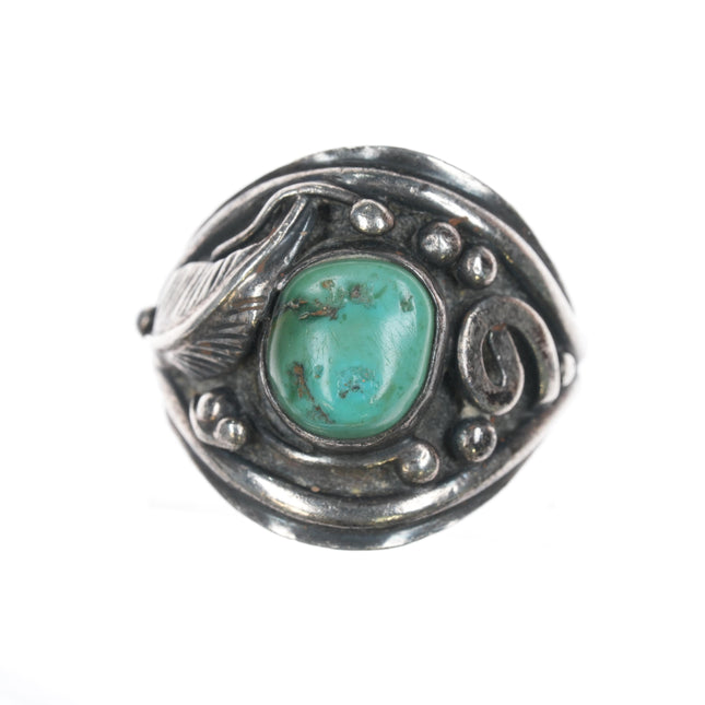 sz12 Vintage Native American sterling ring with turquoise and feathers