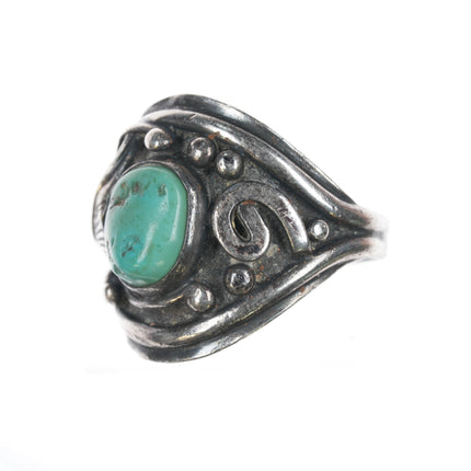 sz12 Vintage Native American sterling ring with turquoise and feathers