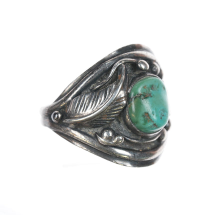 sz12 Vintage Native American sterling ring with turquoise and feathers