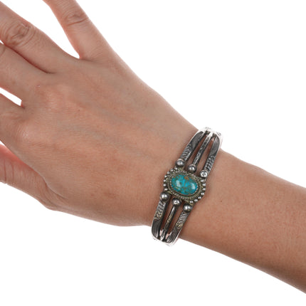 6.5" 1930'S Navajo ingot silver hand stamped cuff bracelet with nice turquoise