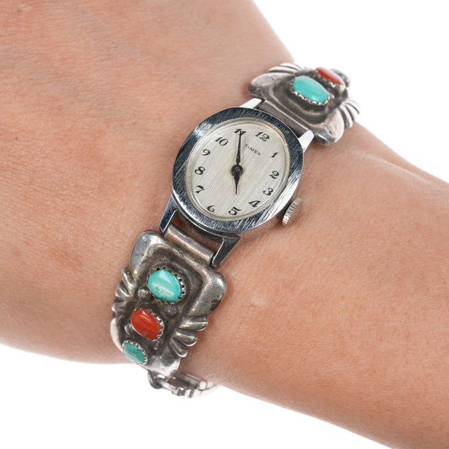 Horace Iule Zuni (1901-1978) ladies silver, turquoise, and coral watch tips